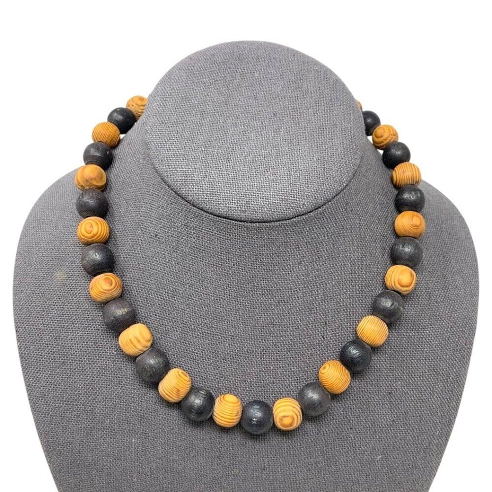 Vintage Wooden Beaded Necklace Black Tan